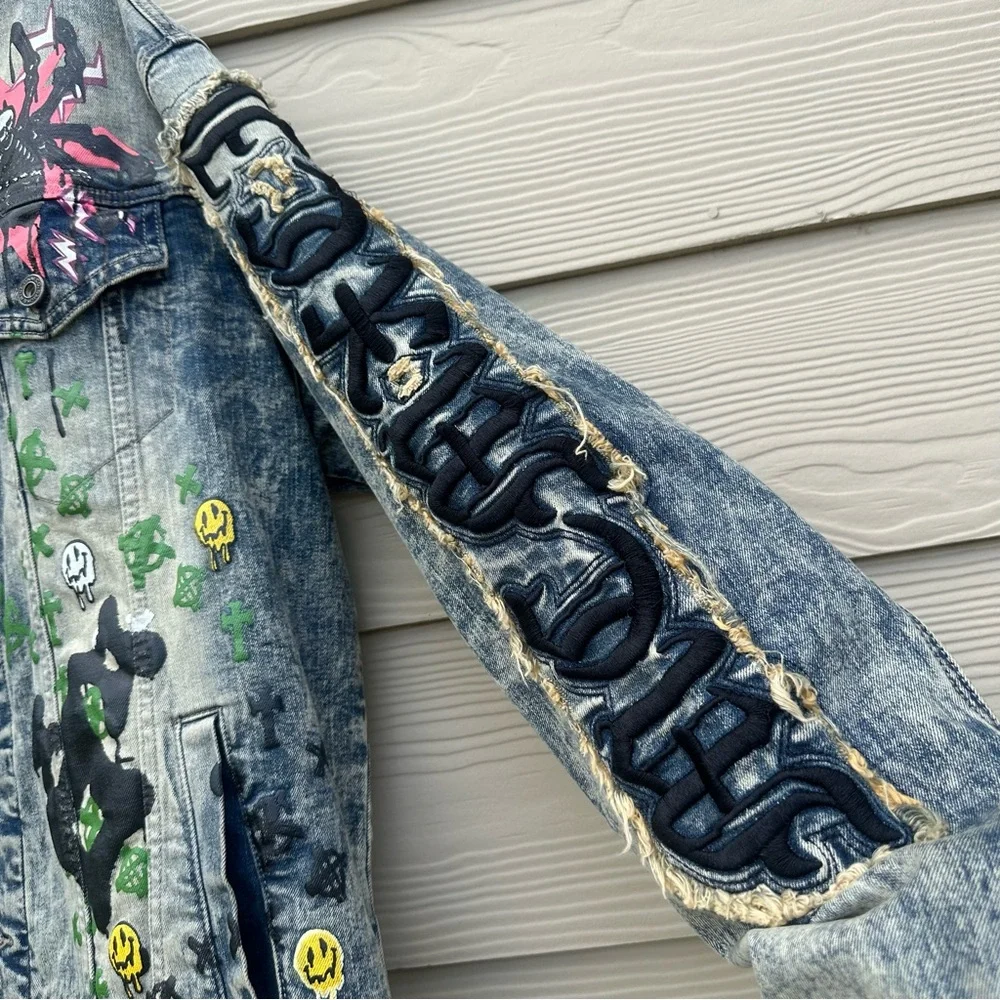 Smoke Rise Denim Jean Jacket Graffiti Streetwear‎ Distressed Stretch Men’s Large